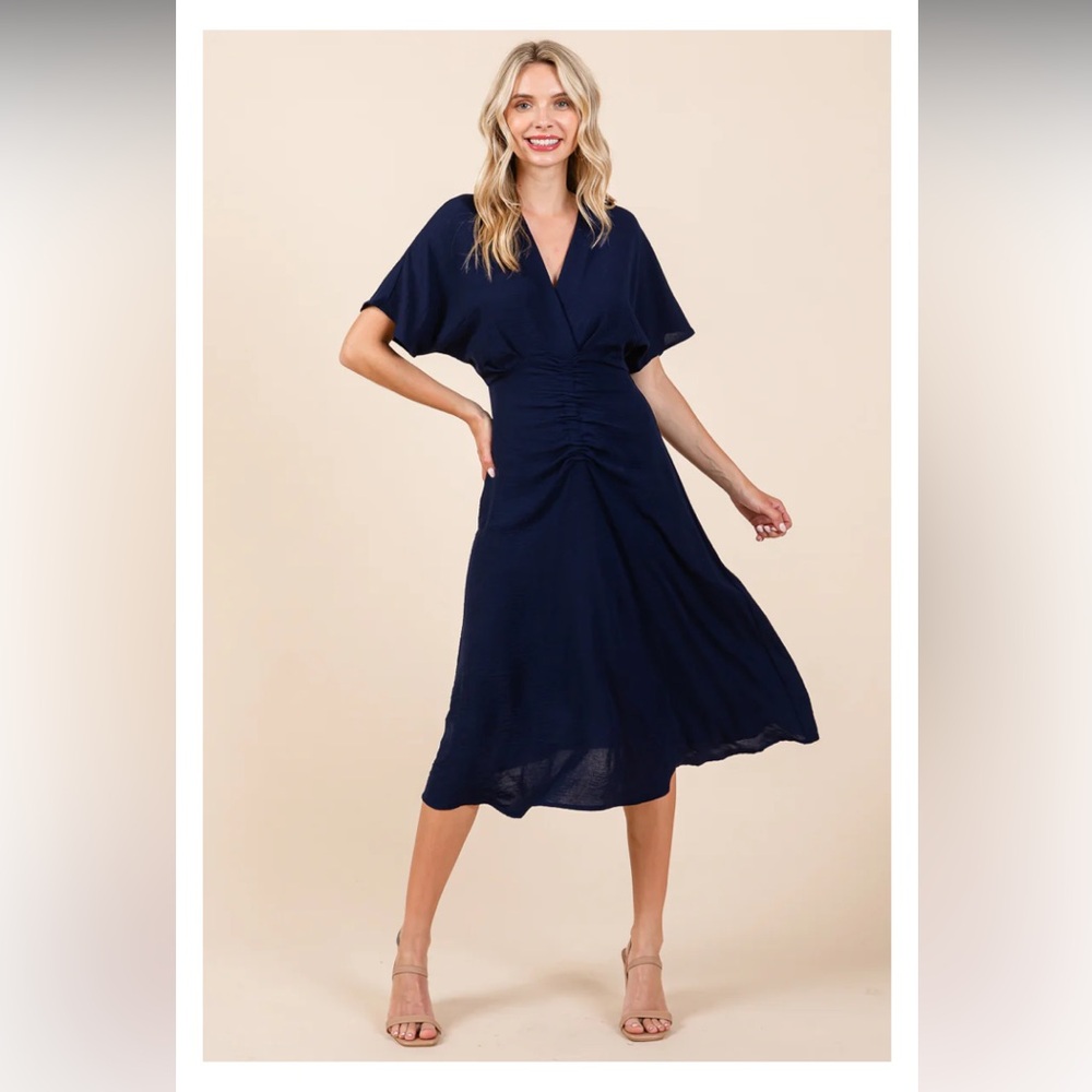 Midi Wrap-Style Dress in Navy